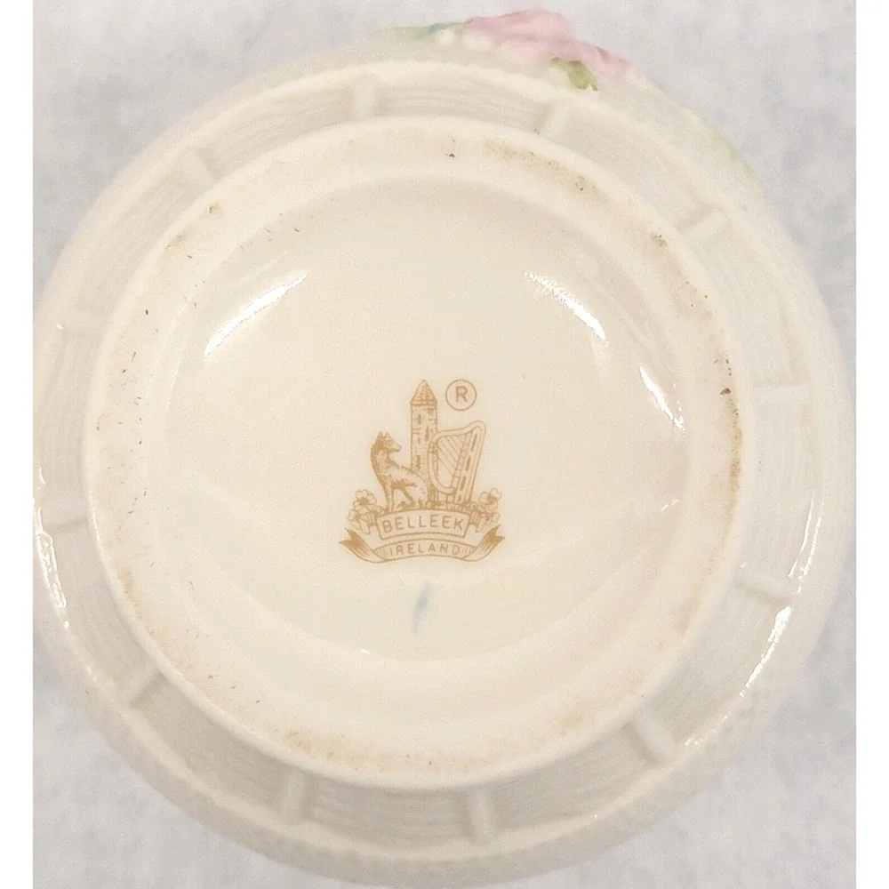 Vintage Belleek Porcelain Vase Ireland Shamrocks Rose Scalloped Rim 5” 1st Gold